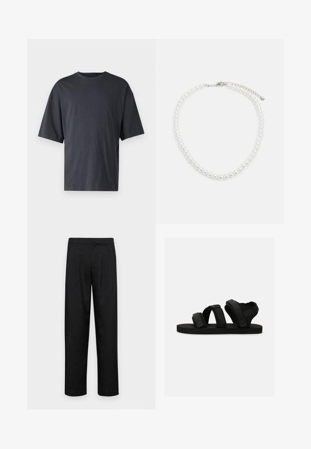 Tmavošedé tričko s krátkym rukávom vyrobené z ľahkého bavlneného materiálu, s voľným strihom a klasickým okrúhlym výstrihom, bez vzoru a s hladkou textúrou.; Čierne nohavice vyrobené z hladkej tkaniny, s rovnými nohavicami, dvoma prednými skladmi a štandardným pásom s pútkami na opasok.; Čierne sandále s tromi nastaviteľnými popruhmi, plochou podrážkou a textúrovanou stielkou pre lepšiu priľnavosť. Vyrobené z mäkkých materiálov pre pohodlie.; Biely perlový náhrdelník s rovnomerným guľatým tvarom, hladkým povrchom a kovovým zapínaním s predlžovacím reťazcom na nastaviteľnú dĺžku.