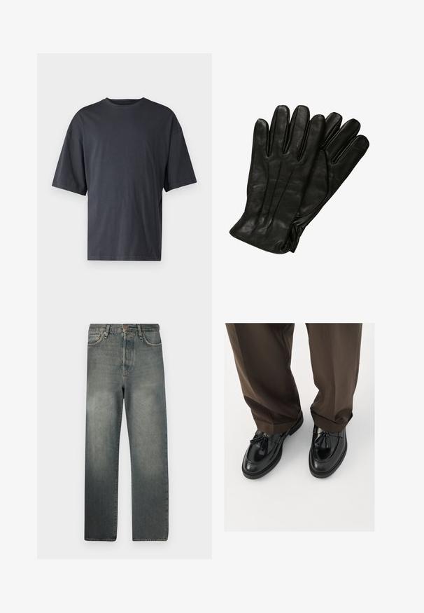 Dark gray short-sleeve t-shirt made of lightweight cotton, featuring a loose fit and classic crew neckline, with plain texture and no patterns.; Jack & Jones JJIALEX JJCOOPER - Baggy Jeans - black denim; Black leather loafers with a rounded toe, decorative tassels, and textured stitching, paired with brown, slightly loose trousers.; Black leather gloves with a smooth texture, five fingers, and subtle stitching details. Classic design, suitable for cold weather use.