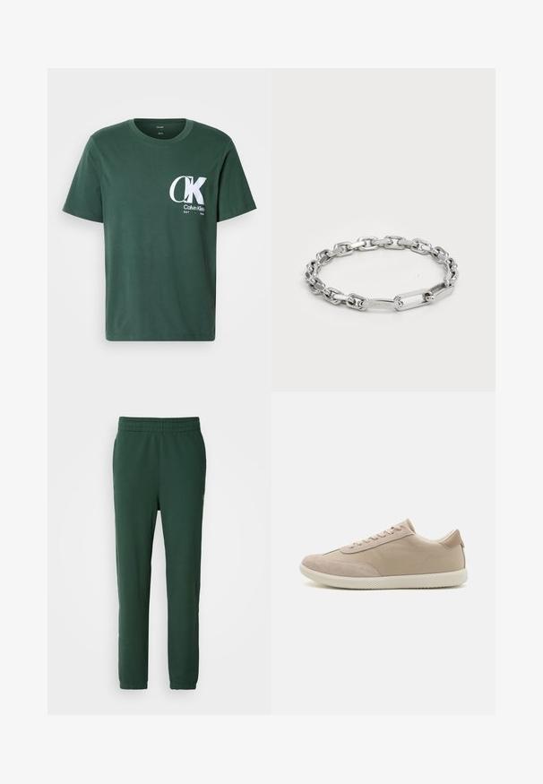 Grünes Baumwoll-T-Shirt mit kurzen Ärmeln und Rundhalsausschnitt, mit einem großen weißen CK-Logo auf der Brust und dem Text "Calvin Klein EST 1968".; Grüne Jogginghosen aus weicher Baumwolle. Sie verfügen über einen elastischen Bund und schmal zulaufende Beine, mit einem kleinen Logo an der unteren Seite.; Beiger Sneaker aus einer Mischung von Wildleder und Canvas-Materialien, mit Schnürsenkeln, runder Zehenpartie, strukturierten Sohle und dezentem Markenlogo an der Seite.; Silberne Kettenarmband mit ovalen und rechteckigen Gliedern in glatter Oberfläche. Eingraviertes Calvin Klein-Logo auf einem flachen Glied.
