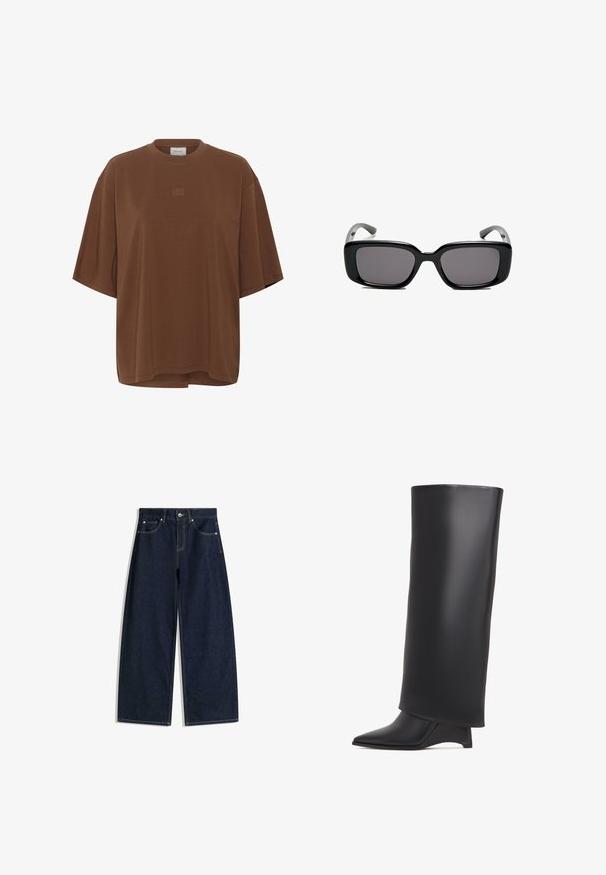 T-shirt oversize marron à manches courtes avec col rond et petite broderie de logo centrée sur la poitrine.; Jean denim bleu foncé à jambes larges avec poches avant, fermeture par bouton et couture visible sur fond blanc.; Botte noire haute jusqu'aux genoux en cuir lisse, avec un bout pointu et un talon triangulaire. Conçue avec une tige lisse et élégante.; Lunettes de soleil noires rectangulaires avec des verres foncés, monture en plastique lisse et branches courbées. Le design est épais avec une esthétique minimaliste.; Mango Cabas - dark brown