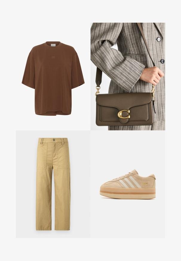 Camiseta marrón de gran tamaño con mangas cortas y cuello redondo, con un pequeño bordado de logo centrado en el pecho.; Pantalones cargo de algodón beige con una cintura alta, dos bolsillos frontales y un corte relajado. Presentan un cierre con gancho y cremallera en la parte delantera.; Zapatillas de plataforma de ante beige con tres rayas blancas, punta redonda y suela de goma beige que presenta un acento de logo dorado en el lateral.; COACH TABBY SHOULDER BAG 26 - Bolso de mano - dark stone