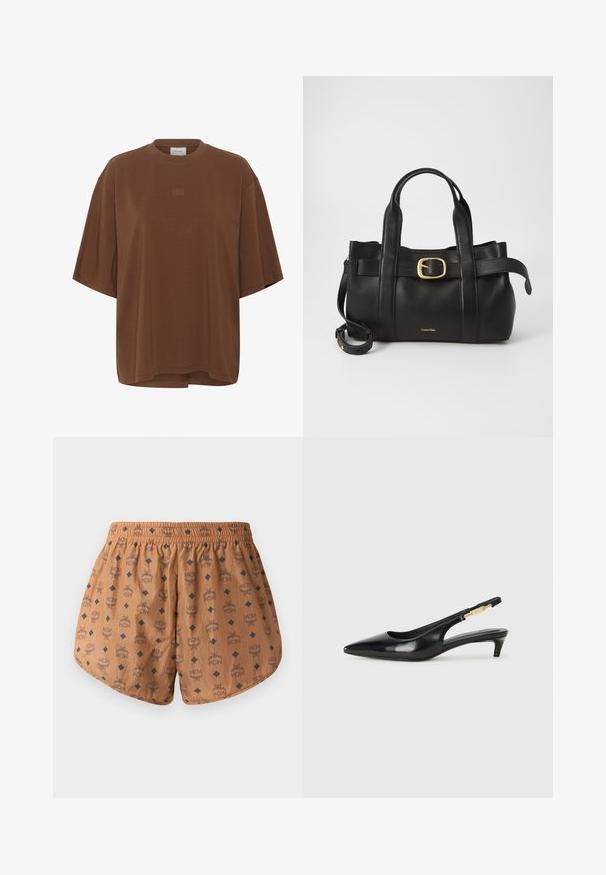 Tricou maro oversize cu mânecă scurtă, guler rotund și broderie mică a logo-ului centrat pe piept.; Pantaloni scurți maro cu un model de logo pe toată suprafața, cu accente de diamant de culoare albastru închis, talie elastică și material ușor, texturat.; Sandale slingback din piele neagră cu vârf ascuțit, având un toc subțire și un accent de culoare aurie pe curea ajustabilă. Textură netedă.; Geantă de mână din piele neagră, cu un design structurat, mânere superioare duale, accent cu cataramă aurie și logo-ul brandului embosat în față.