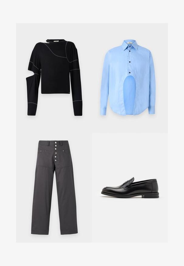 Top negro de manga larga con cortes asimétricos, costuras en gris contrastante, escote barco y un diseño de dobladillo corto.; Camisa de manga larga azul claro con collar puntiagudo, botones negros y un corte único en la parte frontal para un diseño distintivo.; Pantalones de pierna ancha grises confeccionados en tela ligera, con cierre de botón de cinco botones metálicos y dos bolsillos frontales.; Mocasines de cuero negro con una textura suave, puntera redondeada y una tira decorativa en el empeine. Tacón bajo apilado, diseño minimalista.