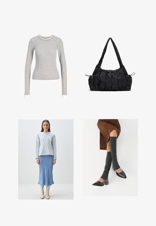 Grijze langemouwen shirt met een ronde hals, met een witte afwerking bij de halslijn en manchetten. Gemaakt van zachte, gestructureerde stof.; Lichtblauwe fuzzy trui met gewafelde witte strepen, gecombineerd met een gladde blauwe midi-rok en glanzende witte kniehoge laarzen.; Zwarte gepatineerde leren pumps met een puntige neus, een blokhak en een enkelbandje, gecombineerd met grijze geribde beenwarmers en een bruine suède rok.; Zwarte stoffen handtas met gerimpelde textuur, twee schouderbanden en een trekkoordsluiting aan de zijkanten. Glad, lichtgewicht materiaal.