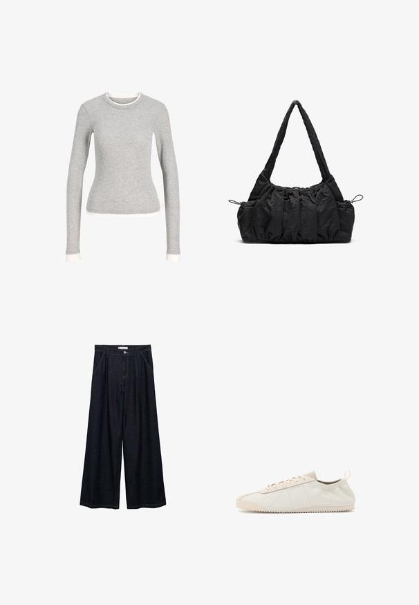 Grijze langemouwen shirt met een ronde hals, met een witte afwerking bij de halslijn en manchetten. Gemaakt van zachte, gestructureerde stof.; Donkerdenim wijde-broek met een hoge taille, voorzien van een sluiting met knoop aan de voorkant, twee zijzakken en stikdetails.; Crème leren sneaker met een ronde neus, vetersluiting, textuuraccenten en een rubberen zool met textuur en een zigzag profiel voor grip.; Zwarte stoffen handtas met gerimpelde textuur, twee schouderbanden en een trekkoordsluiting aan de zijkanten. Glad, lichtgewicht materiaal.