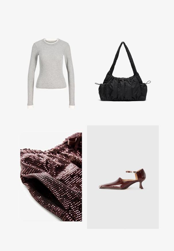 Šedá dlouhá košile s kulatým výstřihem, zdobená bílým lemem kolem výstřihu a na manžetách. Vyrobena z měkké, texturované látky.; Top s flitry a texturovaným povrchem, který je vyroben z tmavě fialové látky s růžovými flitry a má stužku jako detail u výstřihu.; Burgundské lakované boty s špičatou špičkou, kotníkovým pásem a 5 cm zúženým podpatkem. Hladký povrch a minimalistický design.; Černá látková kabelka se skládáním, dvěma ramenními popruhy a stahovacími šňůrkami po stranách. Hladký, lehký materiál.
