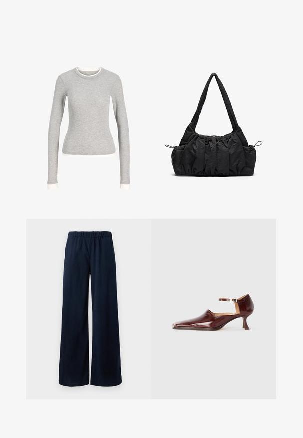 Cămașă gri cu mânecă lungă, cu guler rotund, având o margine albă la decolteu și la manșete. Fabricată dintr-un material moale și texturat.; Pantaloni din corduroy, largi, de culoare bleumarin, cu un tiv elastic, expuși pe un fundal alb.; Pantof burgundiu din piele lăcuită, cu vârf ascuțit, curea la gleznă și toc conic de 5 cm. Textură netedă și design minimalist.; Geantă de mână din țesătură neagră cu textură pliată, două curele de umăr și închidere cu șnur pe laterale. Material neted și ușor.