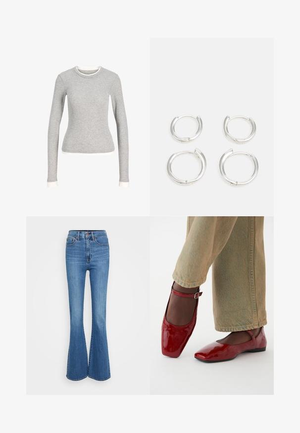 Šedá dlouhá košile s kulatým výstřihem, zdobená bílým lemem kolem výstřihu a na manžetách. Vyrobena z měkké, texturované látky.; Modré zvonové džíny s vysokým pasem, se šitými kapsami, kovovým knoflíkem a hladkou strukturou. Klasický design s pěti kapsami.; Červené lakované kožené boty se čtveratým špičkou, nízkým podpatkem a páskem kolem kotníku, které jsou zkombinovány s širokými světle zelenými džíny. Hladký povrch, reflexní vzhled.; Stříbrné kruhové náušnice s hladkým, lesklým povrchem. Dvě velikosti, které se mírně liší. Jednoduchý, kulatý design, lehké.