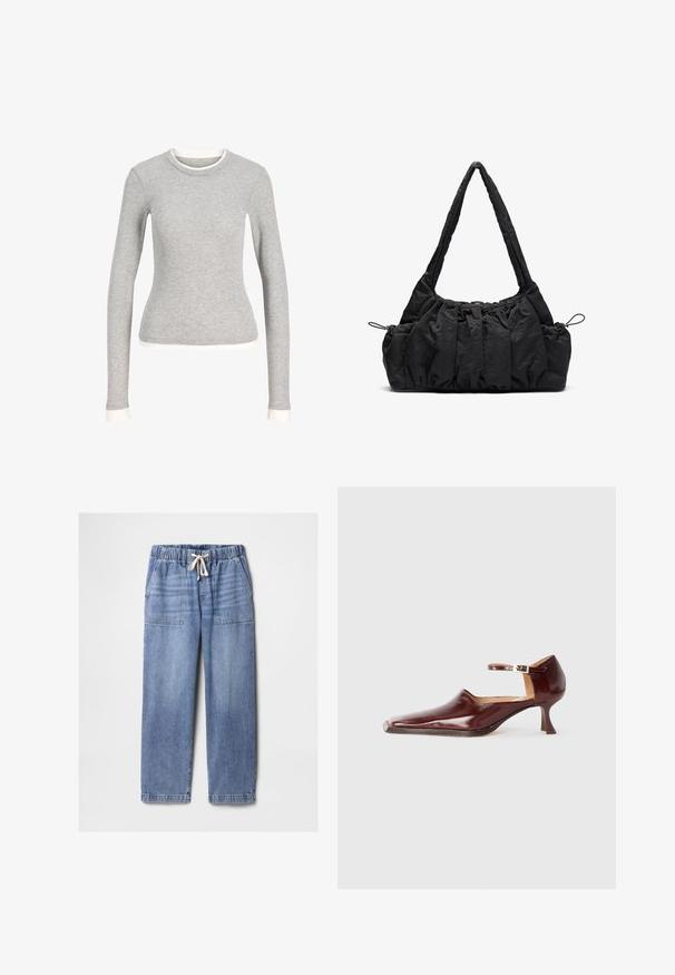 Cămașă gri cu mânecă lungă, cu guler rotund, având o margine albă la decolteu și la manșete. Fabricată dintr-un material moale și texturat.; Pantaloni din denim albastru deschis cu talie elastică și snur alb, prevăzuți cu buzunare aplicate în față și picioare drepte.; Pantof burgundiu din piele lăcuită, cu vârf ascuțit, curea la gleznă și toc conic de 5 cm. Textură netedă și design minimalist.; Geantă de mână din țesătură neagră cu textură pliată, două curele de umăr și închidere cu șnur pe laterale. Material neted și ușor.