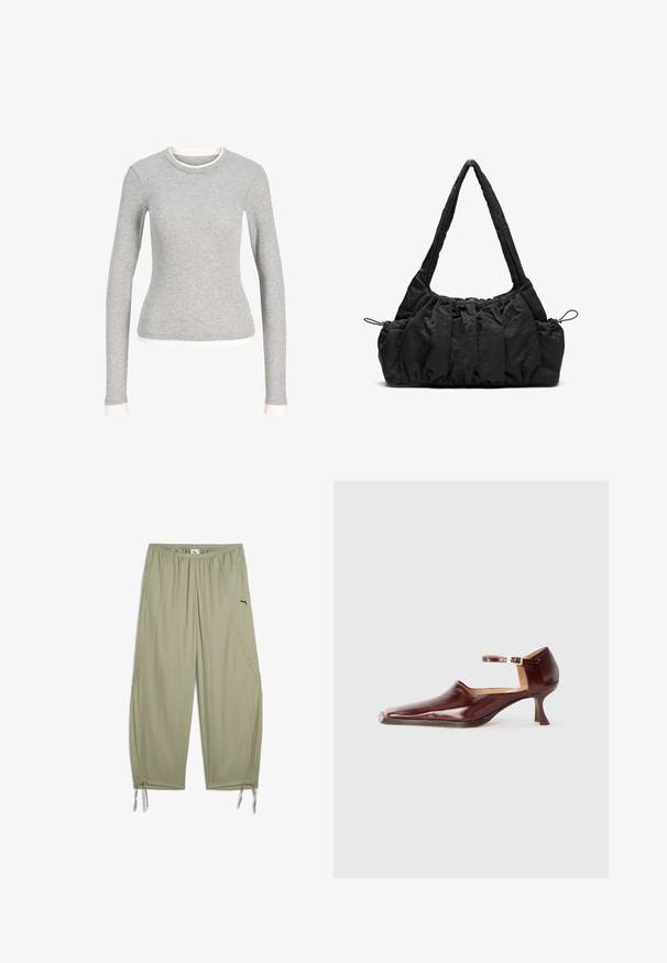 Grå långärmad skjorta med rund halsringning, prydd med en vit kant vid halsringningen och ärmsluten. Tillverkad av mjukt, strukturerat tyg.; Ljus olivgrön byxor i lättviktsmaterial, med elastisk midja och justerbara muddlar, samt en liten svart logotyp på sidan.; Burgunderfärgad patentlädersko med spetsig tå, ankelrem och 5 cm avsmalnande klack. Slät yta och minimalistisk design.; Svart tyghandväska med rynkad textur, två axelremmar och dragsko stängning på sidorna. Slätt, lätt material.