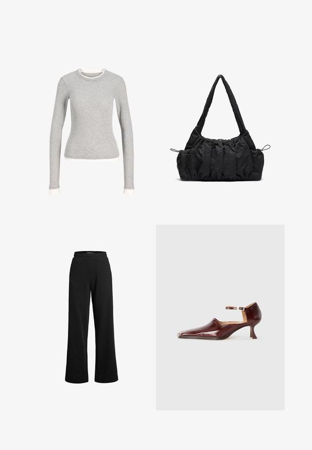 Pilkas ilgomis rankovėmis marškinis su apvaliu iškirpimu, turintis baltą apdailą aplink iškirpimą ir rankogalius. Pagamintas iš minkštos, tekstūruotos medžiagos.; Juodos sportinės kelnės su plačiomis kojomis, pagamintos iš minkštos medžiagos. Šios kelnės turi elastingą juosmenį ir minimaliai siūlų, kad užtikrintų komfortą.; Bordo patents odos bateliai su smailiu nosimi, kulkšnies dirželiu ir 5 cm įstrižiniu kulnu. Glotni tekstūra ir minimalistinis dizainas.; Juodas audinio rankinukas su suraizgytu tekstūru, dviem petinėmis rankenomis ir raišteliu šonuose. Sklandus, lengvas audinys.