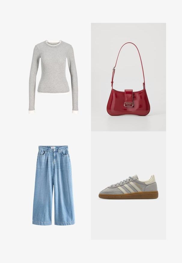 Hallide halli pikkade varrukatega särk ümmarguse kaelusega, millel on valge äär kaelas ja mansettides. Valmistatud pehmest, tekstuuriga kangast.; Hele sinine denim palazzo teksad laia jalaosaga, millel on kõrge vöökoht, esi-taskud ja nööp Sulgemine. Kerge pleekinud tekstuur.; Hallid hallid seemisjalanõud heledate hallide nahkrihmade ja kummist tallaga. Omadusteks on paelad ja diskreetne brändimine keeles.; Punane lakknahast käekott, millel on kumer kuju, klapi sulgemine ja hõbedane logoaksent. Kaasas reguleeritav õlavarre rihm.