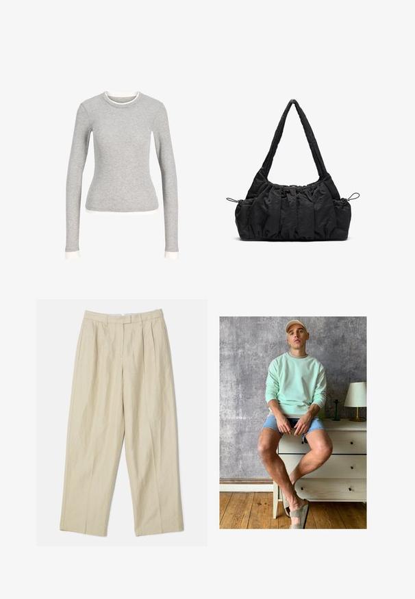 Gray long-sleeve shirt with a round neck, featuring a white trim at the neckline and cuffs. Made of soft, textured fabric.; Beige linen trousers with a wide-leg design, featuring front pleats, side pockets, and a smooth texture. Classic cut and versatile style.; Mint green sweatshirt, denim shorts, and olive green slip-on shoes. Sitting on a light-colored chest of drawers against a textured gray wall.; Black fabric handbag with gathered texture, two shoulder straps, and drawstring closure on sides. Smooth, lightweight material.