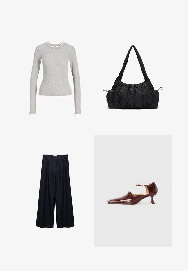 Siva košulja dugih rukava s okruglim izrezom, s bijelim detaljima na izrezu i manžetama. Izrađena od mekog, teksturiranog materijala.; Tamno plave široke traperice visokog struka, koje imaju prednje kopčanje na dugme, dva bočna džepa i detalje šivanja.; Cipele od burgundske lakirane kože s izduženim vrhom, remenom oko gležnja i stabilnom potpeticom od 5 cm. Glatka tekstura i minimalistički dizajn.; Crna torba od tkanine s naboranom teksturom, dva remena za nositi na ramenu i kaišem za zatvaranje sa strane. Glatki, lagani materijal.