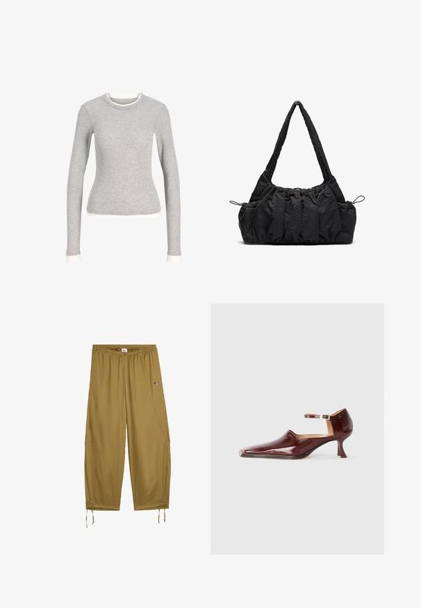 Grå långärmad skjorta med rund halsringning, prydd med en vit kant vid halsringningen och ärmsluten. Tillverkad av mjukt, strukturerat tyg.; Lätta, löst sittande byxor i khakifabric. Har midjeband med elastik, sidofickor och snörningar i nederkant. Litet logoprydnad.; Burgunderfärgad patentlädersko med spetsig tå, ankelrem och 5 cm avsmalnande klack. Slät yta och minimalistisk design.; Svart tyghandväska med rynkad textur, två axelremmar och dragsko stängning på sidorna. Slätt, lätt material.