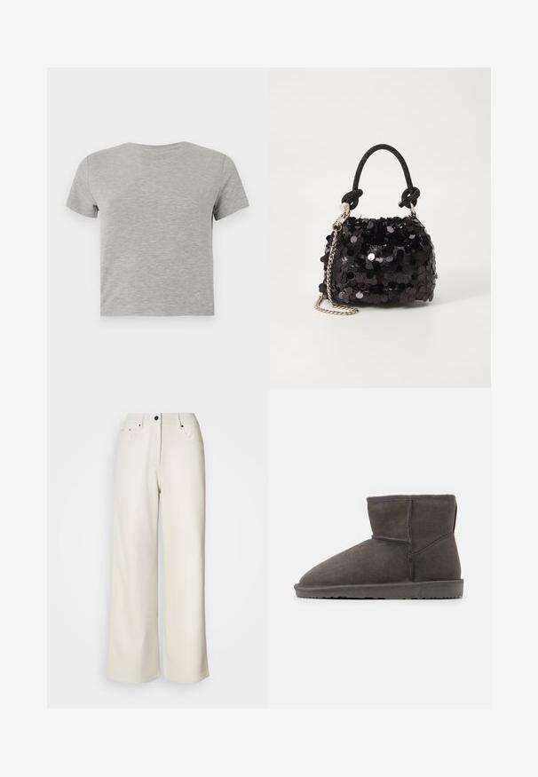 Grå kortærmet t-shirt lavet af blødt materiale, med rund halsudskæring og et delikat accentlogo i nederste højre hjørne.; Cremefarvede bukser med brede ben lavet af glat stof. Har en mellemhøj talje, lynlås i gulvet og to frontlommer med sorte hardware accenter.; Grå ruskind ankelstøvle med spids tå og blødt indre foder. Har en flad gummisål og minimal syning.; Sort pailette mini håndtaske med en knyttet struktureret rem og sølv kæde. Rund form med samlet top og reflekterende detaljer.