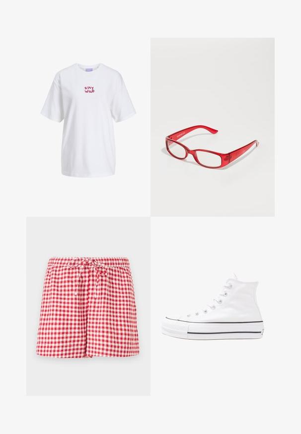 White cotton t-shirt with short sleeves and a round neckline, featuring "STAY WILD" in pink, playful lettering on the chest.; Red and white gingham shorts with an elastic waistband and drawstring. Features a relaxed fit and hemmed edges. Fabric appears lightweight.; White high-top canvas sneaker with black rubber sole, front rubber toe cap, and six eyelets for laces, featuring a clean, minimalist design.; Red plastic eyeglasses with a rectangular frame, clear lenses, and slim arms. Brand logo "even&odd" is embossed on the temple.; Red glossy leather handbag with a triangular shape, wide top opening, and a single curved handle. Smooth texture with minimal stitching details.; Two scrunchies displayed on a white surface: a red satin one with a ruffled texture on the left and a white satin one with similar ruffles on the right.