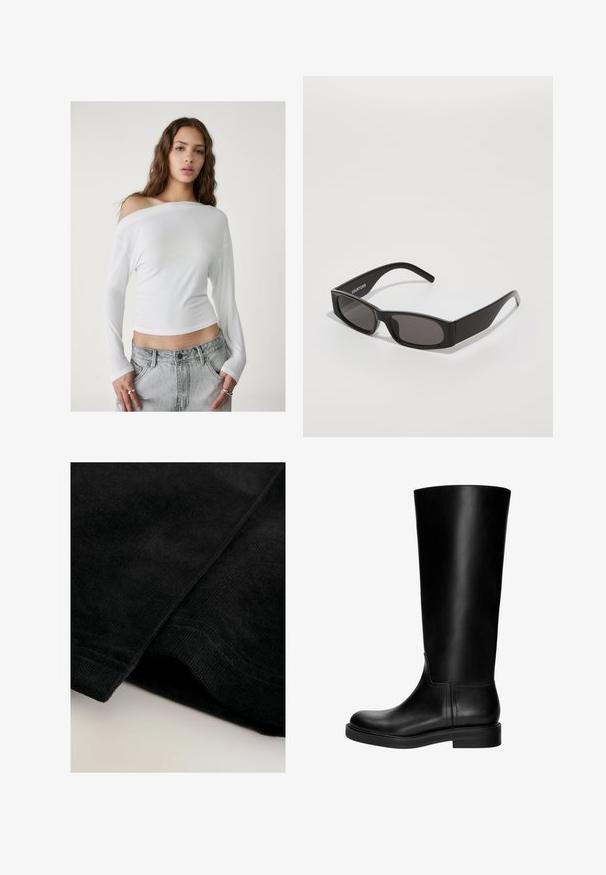 Stradivarius ASYMMETRICAL - Majica z dolgimi rokavi - white; Črn korduroj blago z mehko, teksturirano površino, ki prikazuje vidne rebre in lepo obrobljene robove.; Črne usnjene škornje do kolen z gladko teksturo, zaobljenim prstom, preprostim dizajnom in nizko blok peto. Ni vidne opreme ali vzorcev.; Črne pravokotne sončna očala s temnimi lečami, gladkim plastičnim okvirjem in subtilnim logotipom na levem ročaju. Minimalistična zasnova.; Rdeča usnjena torba za ramo z ukrivljeno obliko, gladko teksturo in zadrgo. Ima tanek ročaj za nošenje.