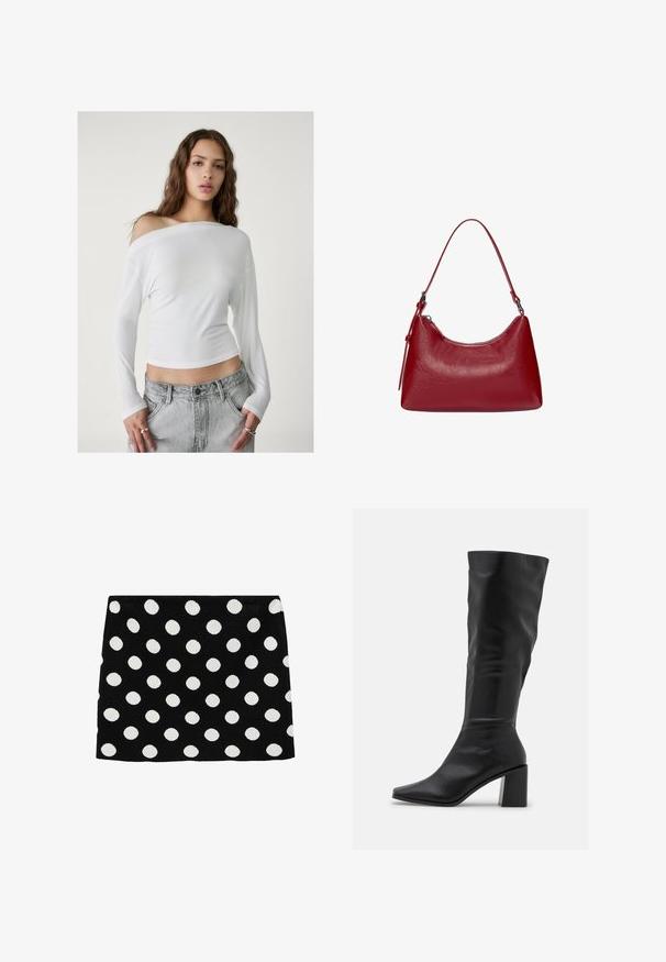 Stradivarius ASYMMETRICAL - Top s dlouhým rukávem - white; Černá sukně s velkými bílými puntíky, vyrobená z měkké tkaniny s texturovaným povrchem. Spodní okraj je rovný, bez viditelné kovové součásti.; RAID BLICK - Vysoká obuv - black; Červená kožená taška přes rameno s zakřiveným designem, hladkým povrchem a zipovým uzávěrem. Obsahuje tenkou rukojeť pro nošení.