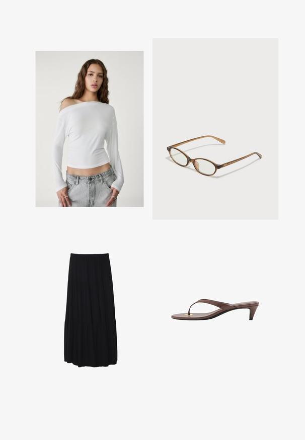 Stradivarius ASYMMETRICAL - Longsleeve - white; Zwarte gelaagde midi-skirt met een elastische tailleband, gemaakt van zachte stof, met een vloeiende silhoutte en een gladde textuur.; Bruine hakken flip-flop sandaal met een slanke band en ronde teenpost, met een kleine gouden accent op de voetbed.; Bruine schildpadbril met ovale lenzen, dunne armen en transparante accenten. Heeft een subtiele logo op de tempel. Strak, lichtgewicht ontwerp.; Zachte bruine hobo-stijl handtas met een enkele brede schouderband en een gebogen opening aan de bovenkant, weergegeven op een witte achtergrond.