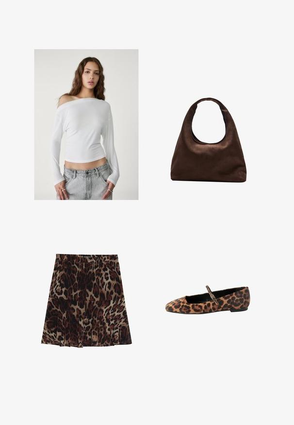 Stradivarius ASYMMETRICAL - Top s dlouhým rukávem - white; Midi sukně s leopardím vzorem a řaseným designem, s béžovým základem a tmavě hnědými a černými skvrnami. Elastický pas pro lepší přizpůsobení.; Baleríny s leopardím vzorem a špičatou špičkou, textilní materiál, pásek kolem kotníku a hladký černý interiér. Nízký černý podpatek pro stabilitu.; Měkká hnědá kabelka ve stylu hobo s jedním širokým popruhem a zakřiveným horním otvorem, vystavená na bílém pozadí.