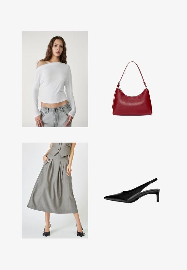 Stradivarius ASYMMETRICAL - Pitkähihainen paita - white; Hame gray kassa, joka on valmistettu rakenteellisesta kankaasta, sivutaskuilla ja A-linjaisella muotoilulla, yhdessä mustien korkokenkien kanssa.; Musta nahkainen slingback-kengät, joissa on terävä kärki, matala korko ja leikattu muotoilu sivuilla. Miellyttävä pinta, jossa on tyylikäs ulkonäkö.; Punokas nahkainen olkalaukku, jossa on kaareva muotoilu, sileä pinta ja vetoketjuluukku. Laukussa on ohut kantohihna.