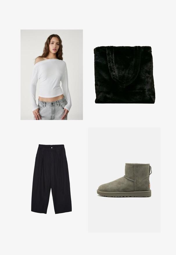 Stradivarius - Bluzka z długim rękawem; Czarne spodnie culotte z poliestru z elastycznym pasem, dwoma fałdami z przodu i luźnym krojem. Brak widocznych wzorów lub elementów metalowych.; UGG - Śniegowce; Czarna torba tote z sztucznego futra o miękkiej teksturze. Posiada dwa mocne uchwyty i otwarty design, odpowiednia do różnych zastosowań.