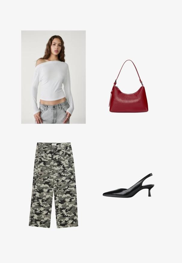 Stradivarius ASYMMETRICAL - Pitkähihainen paita - white; YOURTURN UNISEX - Relaxed fit -farkut - grey/black; Mustat slingback-korkokengät teräväkärkisellä muotoilulla, valmistettu teksturoidusta synteettisestä materiaalista, jossa on kapea korko ja avoin sivusuunnittelu.; Punokas nahkainen olkalaukku, jossa on kaareva muotoilu, sileä pinta ja vetoketjuluukku. Laukussa on ohut kantohihna.