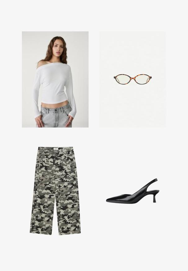 Stradivarius ASYMMETRICAL - T-shirt à manches longues - white; YOURTURN UNISEX - Jean boyfriend - grey/black; Bottines noires à talons ouverts avec un bout pointu, fabriquées en matière synthétique texturée, présentant un talon fin et un design ouvert sur le côté.; Lunettes en écaille de tortue avec des verres ovales et une finition lisse et élégante. Présente des branches fines avec une courbure subtile au niveau des tempes. Verres transparents.; Sac à épaule en cuir rouge avec un design courbé, texture lisse et fermeture éclair. Il dispose d'une fine anse pour le porter.