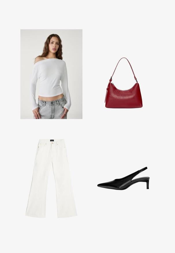 Stradivarius ASYMMETRICAL - Långärmad tröja - white; Vita vida jeans i denim med breda ben, som har en klassisk femficksdesign, detaljer i guldton och en midja med medelhög höjd.; Svart läderslingback med spetsig tå, låg klack och utskärningar på sidorna. Slät textur med en elegant utseende.; Röd läderaxelväska med en rundad design, slät yta och dragkedjestängning. Den har ett tunt handtag för bärande.