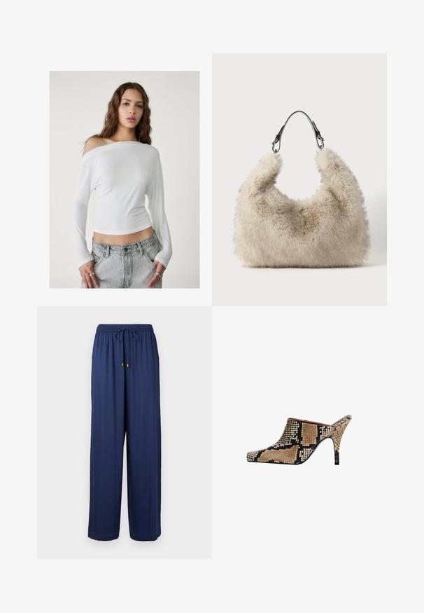 Stradivarius ASYMMETRICAL - Långärmad tröja - white; Mörkblå vida byxor med elastisk midja och snodd, med guldmetallaccenter vid snoddens ändar. Mjuk tygstruktur.; Öppen tå mule med ett ormtryck i brunt och svart. Har en slank spetsig tå och en smal stilettklack. Strukturerad finish.; Beige fluffy handväska med en böjd form, konstruerad av mjuk faux fur. Har ett svart läderhandtag med metallaccessoarer.