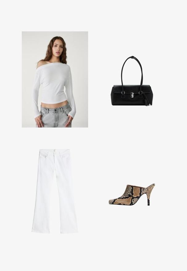 Stradivarius ASYMMETRICAL - Langærmet T-shirt - white; Hvide vide jeans lavet af denim, med knap- og lynlås lukning, to forlommer og et enkelt, udekoreret design.; Åben tå mule med slangeskindsdesign i tan og sort. Funktioner en slank spids tå og en slank stiletto hæl. Teksturopper.; Sort læderhåndtaske med en glat overflade, struktureret design, dobbelte håndtag og en sølvfarvet låsebeslag detalje i midten.