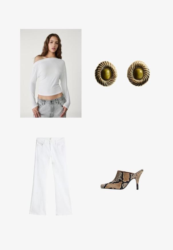 Stradivarius ASYMMETRICAL - Bluse - white; Weiße aus Denim gefertigte Schlagjeans mit einem Knopf- und Reißverschluss, zwei vorderen Taschen und einem schlichten, unauffälligen Design.; Offene Mules mit einem Schlangenmuster in Braun und Schwarz. Sie verfügen über eine elegante spitze Zehenpartie und einen schlanken Stiletto-Absatz. Strukturierte Oberfläche.; Goldfarbene Ohrringe mit spiralförmigem Design und einem zentralen olivgrünen Stein. Strukturiert, mit glänzender Oberfläche und kreisförmiger Form.