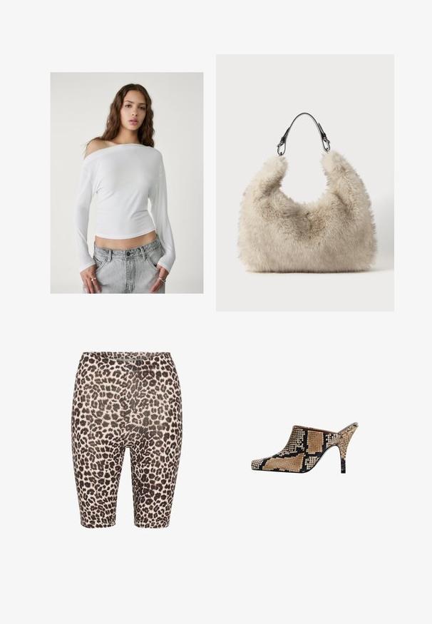 Stradivarius ASYMMETRICAL - Majica z dolgimi rokavi - white; Kolesarske hlače z leopardjim vzorcem v črno-bež barvni shemi, elastičen pas in gladka tekstura. Dolžina do sredine stegna z oblikovanim krojem.; Mule s odprtim prstom z vzorcem kače v tan in črni barvi. Ima eleganten konicasti nos in ozko stiletto peto. Teksturirana obdelava.; Bežna puhasta torba s zakrivljenim oblikom, izdelana iz mehkega umetnega krzna. Opremljena z črnim usnjenim ročajem z kovinskimi akcenti.; Zlato obarvani uhani z spiralnim dizajnom in osrednjo olivno-zeleno kamenino. Teksturirani, z sijočo površino in circularno obliko.