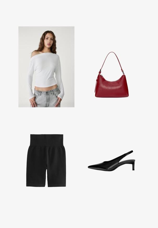 Stradivarius ASYMMETRICAL - Top s dlouhým rukávem - white; Černé žebrované šortky s širokým elastickým pasem, hladkým materiálem a přiléhavým střihem. Materiál je elastický pro snadný pohyb.; Černá kožená lodička s otevřenou patou, špičatou špičkou, nízkým podpatkem a vykrojeným designem po stranách. Hladká textura s elegantním vzhledem.; Červená kožená taška přes rameno s zakřiveným designem, hladkým povrchem a zipovým uzávěrem. Obsahuje tenkou rukojeť pro nošení.