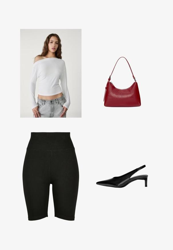 Stradivarius ASYMMETRICAL - T-shirt à manches longues - white; Shorts de vélo taille haute noirs en tissu extensible, avec une texture lisse et un ourlet piqué, conçus pour le confort et la liberté de mouvement.; Chaussure slingback en cuir noir avec un bout pointu, un petit talon et un design découpé sur les côtés. Texture lisse avec une apparence élégante.; Sac à épaule en cuir rouge avec un design courbé, texture lisse et fermeture éclair. Il dispose d'une fine anse pour le porter.