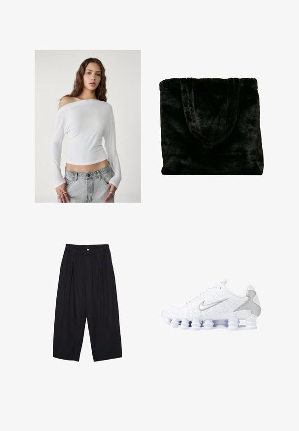 Stradivarius ASYMMETRICAL - Bluse - white; Sorte polyester culotte bukser med elastisk talje, to forpiber og en løs silhuet. Ingen synlige mønstre eller hardware detaljer.; Hvide atletiske sko med mesh-overdel, sølvfarvede detaljer og et unikt spiral-såledesign. Har polstret krave og snørebåndslukning for en god pasform.; Sort faux fur tote taske med blød tekstur. Har to robuste håndtag og et åbent topdesign, der er velegnet til forskellige anvendelser.