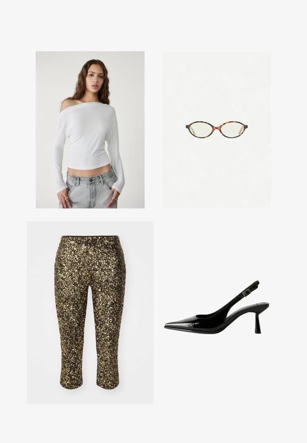 Stradivarius ASYMMETRICAL - Bluza - white; Zlatne kapri hlače sa sjajem, prilagođenog kroja i elastičnim pojasom, s površinom koja se svijetli i ima teksturu koja odražava svjetlost.; Crne lakovane kožne cipele s otvorenom petom, šiljastim vrhom, izrezanim stranama, podešavajućom naramenicom i tankim, elegantnim potplatom.; Naočale u boji kornjače s ovalnim staklima i elegantnim, glatkim završetkom. Imaju tanke strane s suptilnom krivuljom na sljepoočnicama. Prozirna stakla.; Crvena kožna torba preko ramena s zakrivljenim dizajnom, glatkom teksturom i zatvaranjem na patentni zatvarač. Ima tanku dršku za nošenje.