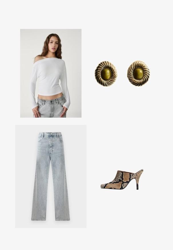 Stradivarius ASYMMETRICAL - Top s dlhým rukávom - white; Svetlomodré denimové džínsy s vysokým pásom, širokým strihom, tradičným dizajnom s piatimi vreckami a jemnými efektmi whiskeringu.; Mule sandále s otvorenou špičkou a hadím vzorom v odtieňoch béžovej a čiernej. Má elegantnú špicatú špičku a štíhly ihlový podpätok. Textúrovaný povrch.; Náušnice zlatého tónu s dizajnom v tvare spirály a centrálnym olívovo-zeleným kameňom. Textúrované, s lesklým povrchom a okrúhlym tvarom.