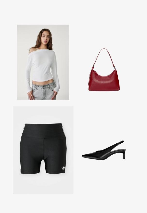 Stradivarius ASYMMETRICAL - Långärmad tröja - white; Svarta träningshorts i ett stretchigt tyg med hög midja. Har vita sidostreck och en liten vit logotyp vid fållen.; Svart läderslingback med spetsig tå, låg klack och utskärningar på sidorna. Slät textur med en elegant utseende.; Röd läderaxelväska med en rundad design, slät yta och dragkedjestängning. Den har ett tunt handtag för bärande.
