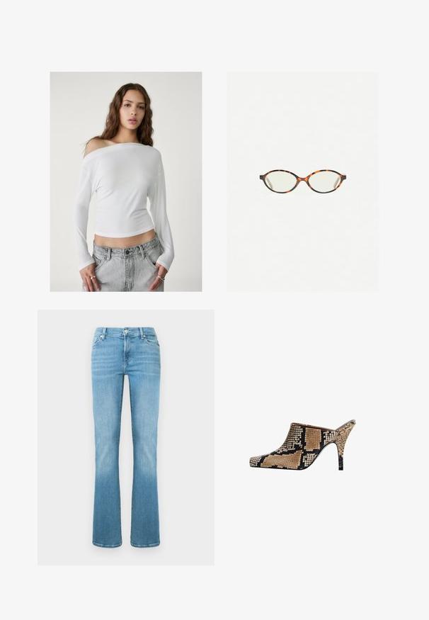 Stradivarius ASYMMETRICAL - T-shirt à manches longues - white; Jean en denim bleu clair avec un design à jambes évasées, poches avant et fermeture à boutons, présentant un effet délavé pour la texture.; Mules à bout ouvert avec un motif serpent en brun et noir. Présentent un design élégant à bout pointu et un talon stiletto fin. Fini texturé.; Lunettes en écaille de tortue avec des verres ovales et une finition lisse et élégante. Présente des branches fines avec une courbure subtile au niveau des tempes. Verres transparents.