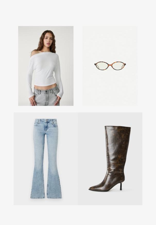 Stradivarius - Bluzka; Jasnoniebieskie dżinsy z rozkloszowanymi nogawkami, o średnim stanie, pięć kieszeni i przeszycia wzdłuż szwów, z metalowym zapięciem na guzik.; Brązowy zniszczony skórzany czółenek do kolan z szpiczastym noskiem i cienką szpilką na białym tle.; Okulary w kolorze tortoiseshell z owalnymi soczewkami i gładkim, eleganckim wykończeniem. Posiadają cienkie boki z delikatnym łukiem w okolicy skroni. Przezroczyste soczewki.; Tkany beżowy skórzany damska torba z jednym paskiem na ramię, o prostokątnym kształcie i teksturowanej powierzchni. W zestawie regulowane elementy paska.