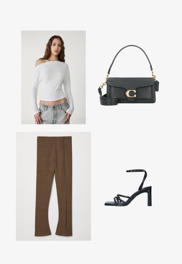 Stradivarius ASYMMETRICAL - Longsleeve - white; Bruine geruite flare broeken van een Textiele stof, met een hoge tailleband en een ritssluiting aan de zijkant.; Zwarte hak sandaal met een vierkante neus, gestructureerde bandjes, enkelgesp en een blokhak met een patroonafwerking.; Zwarte leren handtas met een gouden hardware accent, voorzien van een kenmerkende sluiting, een afneembare schouderband en een ge textureerd oppervlak.