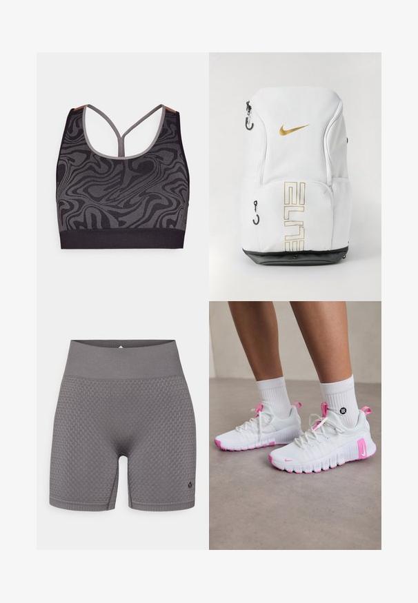 Soutien-gorge de sport noir avec un motif gris en spirale, présentant un décolleté plongeant et un design dos nageur. Fabriqué en tissu tricoté texturé.; Shorts de sport gris texturé avec une large ceinture élastique et un logo subtil sur le bas à gauche. Le tissu présente un motif.; Baskets de sport blanches avec des accents roses, au design épuré, tige en mesh texturé et semelle en caoutchouc flexible. Comprend un logo et une languette.; Sac à dos Nike en blanc avec un logo doré et le texte "ELITE", fermetures éclair, poches latérales en mesh et une base inférieure noire. Texture lisse.