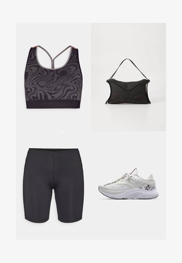 Black sports bra with gray swirling pattern, featuring a scoop neckline and racerback design. Made of textured knit fabric.; Even&Odd active LOW RISE CYCLING SHORTS
- Leggings - black; White athletic shoe with a textured upper, rounded toe, and a cushioned sole. Features a patterned accent near the heel and flat laces.; Black handbag with a soft, textured material. Features a wavy design, single shoulder strap, and a subtle logo detail on the front.