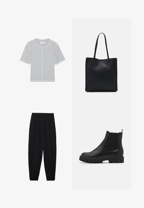 Grå bomulls t-shirt med kort ärm, rund halsringning och kontrasterande vit sömnad längs sömmar och fållar. Enkel, odekorerad design.; Svarta, lätta byxor med elastisk midja och samlade ankleder. Tyget är slätt och har en avslappnad, avsmalnande design.; Svarta läder Chelsea-boots med elastiska sidopaneler, en dragflik och en robust, tjock sula med djupa spår för grepp.; Svart lädertoffelväska med slät textur, rektangulär form och två långa handtag. Ingen synlig hårdvara eller dekorationer.