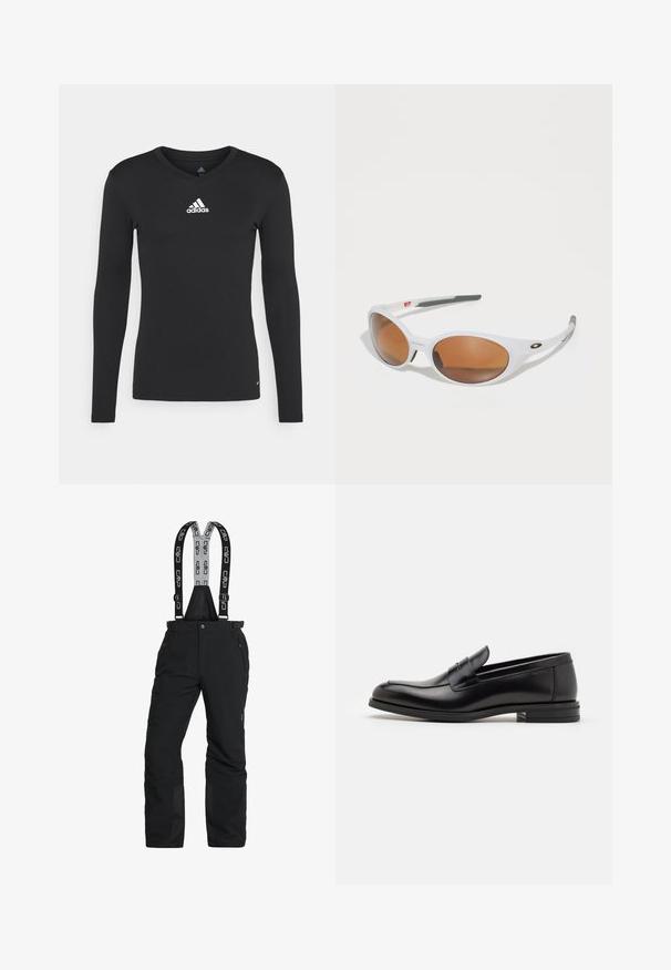 Melnas garām piedurknēm sporta krekls, kas izgatavots no gludas auduma, ar V veida kakla izgriezumu un baltu adidas logotipu uz krūtīm.; Melni sniega bikses ar regulējamiem plecu siksnām, ar rāvējslēdzēju kabatām un pastiprinātām potītēm. Izgatavotas no ūdensnecaurlaidīga materiāla ar gludu tekstūru.; Melnas ādas kurpes ar gludu tekstūru, noapaļu purngalu un dekoratīvu siksniņu pāri priekšpusei. Zems sakrauts papēdis, minimālisma dizains.; Baltas saulesbrilles ar brūniem objektīviem, ovālas formas, izgatavotas no gludas plastmasas, ar pelēkiem akcentiem uz rokām un logotipu uz rāmja.; Melnas ādas pleca soma ar gludu tekstūru, taisnstūra formu un garu siksnu; centrā ir neliels balts logotips.