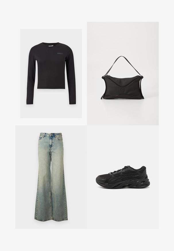 Svart langermet crop top laget av stretch-stoff, med rund hals og en liten logo trykt på brystet.; Lyseblå vide jeans laget av denim, med høy midje, falmet vask og sidelommer med synlige sømmer.; Svarte sportssko laget av mesh og syntetisk materiale, med et teksturert design, rund tå, tykk såle og fremtredende merkevarelogo.; Svart håndveske med et mykt, teksturert materiale. Har et bølgete design, enkelt skulderrem og en subtil logo-detalj foran.