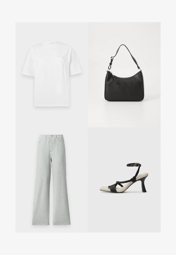 Fehér pamut póló rövid ujjakkal, kerek nyakkal és minimális szürke logó részlettel az elején. Simább textúra, normál illeszkedés.; Csíkos, bő szabású nadrág könnyű anyagból, függőleges kék és fehér csíkokkal, magas derékkal és elülső zsebekkel.; Fekete sarkú szandál fonott pánttal, négyzet alakú orral és állítható bokapánttal. Világos bézs talpbetét fényes fekete sarkával.; Fekete bőrtáska ívelt formával, egyetlen pánttal, cipzáras záródással és diszkrét logóval az elején. Simább textúra, minimalista dizájn.