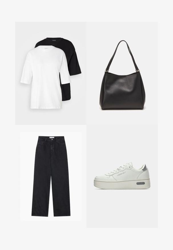 Two short-sleeve t-shirts, one white and one black, made of cotton. Features a crew neckline and a loose, relaxed fit with a smooth texture.; Black high-waist wide-leg denim jeans with front button and zip closure, belt loops, and five-pocket styling.; White leather sneakers with a textured sole, featuring a silver metallic heel tab and "REPLAY" branding on the side. Minimalist design.; Black synthetic leather handbag with a soft texture, hobo shape, and dual shoulder straps; features a glossy finish and minimalistic design.